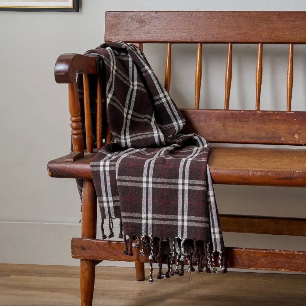 Magnolia Harmony Throw Chestnut Brown‎ Plaid 50x60 Cotton Fringed Christmas 2024